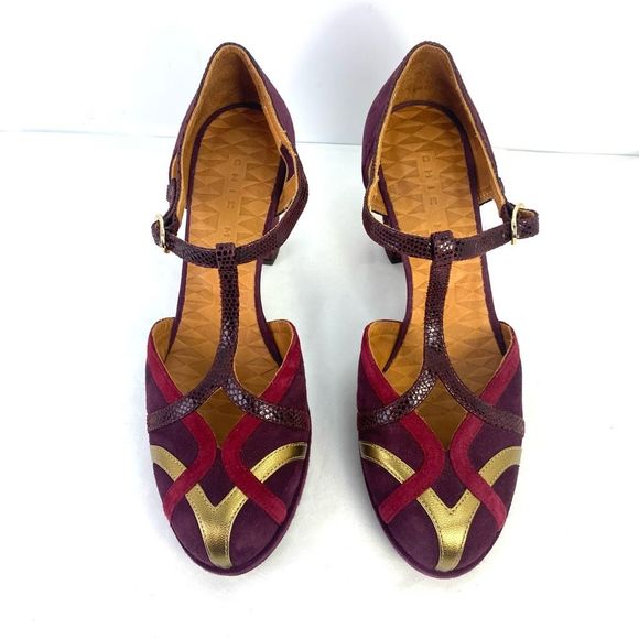 Chie Mihara 
Myla Suede Pumps Croc Textured Leather Gold T Strap Women’s - Picture 5 of 13